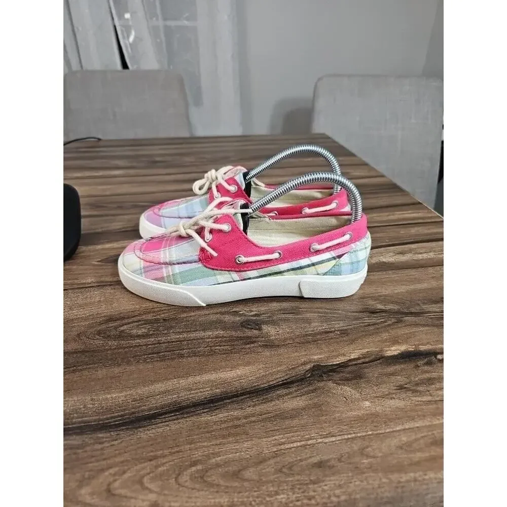 Lauren by Ralph Lauren Breeana Pink Plaid Print Canvas Boat Shoes Size Womens 7B - Picture 2 of 14